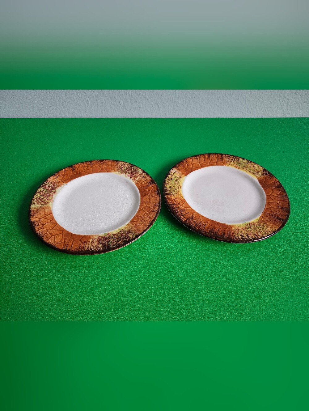 Vintage Set of 2 Ceramic Dinner Plates with Brown Decorative Rim